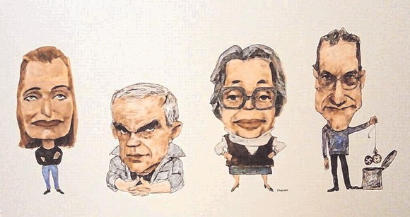 So sieht der Karikaturist Pancho die Autoren (v. l.) Elfriede Jelinek, Milan Kundera, Marguerite Duras und Bernhard Schlink. Eines der tête-à-têtes, die in der Volksbank in Bad Berleburg zu sehen sind. (SZ-Foto: Anja Helmbrecht)